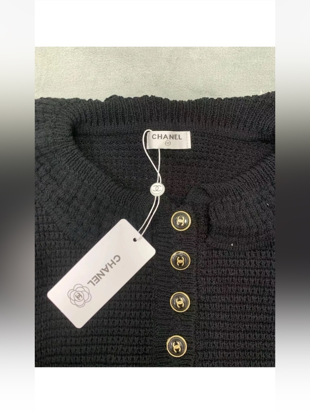 Black Ribbed Knit Cardigan with Gold CC Buttons